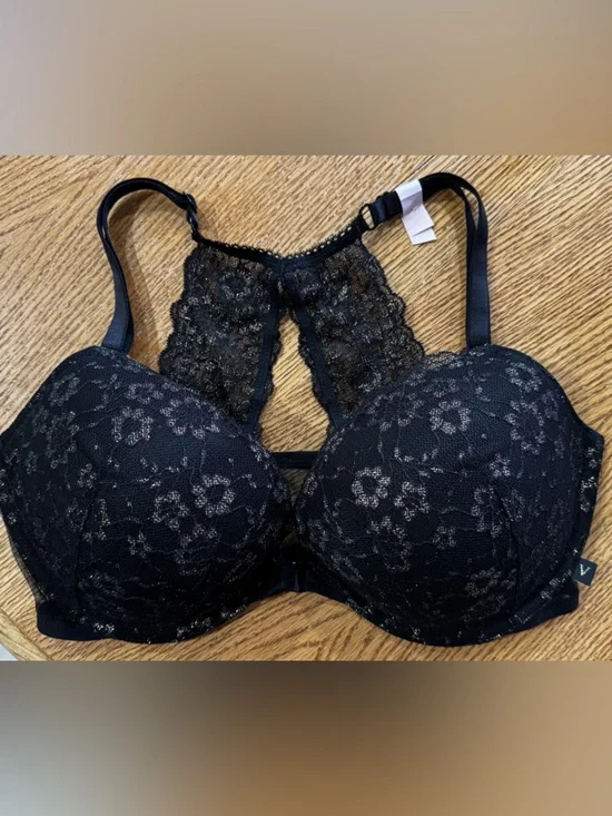 Victoria's Secret Black Lace Racerback Push-Up Bra with Subtle Shimmer - Picture 2 of 11